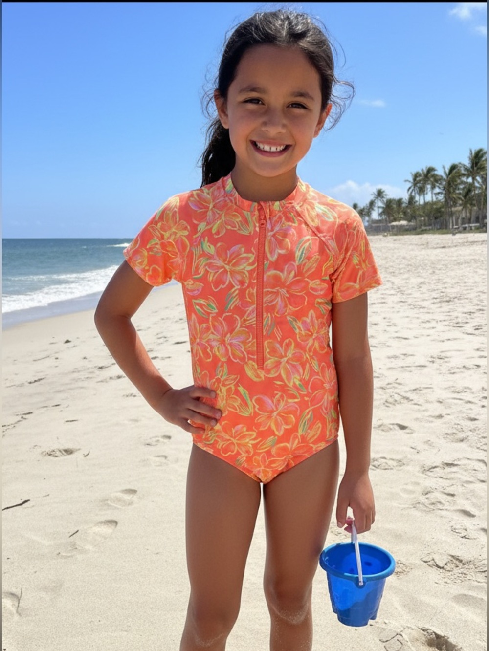 NEW wonder nation Coral Floral Zip-Front Girls' Rashguard Swimsuit- Large